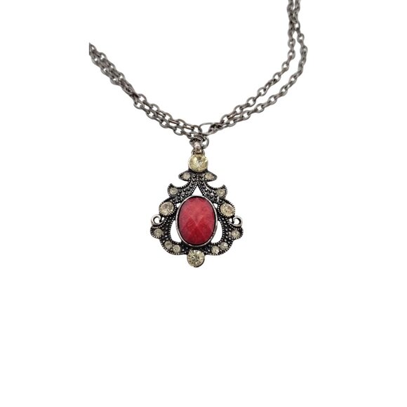 Vintage Rhinestone Necklace With Red Oval Stone on a 28-Inch Chain - Picture 5 of 5